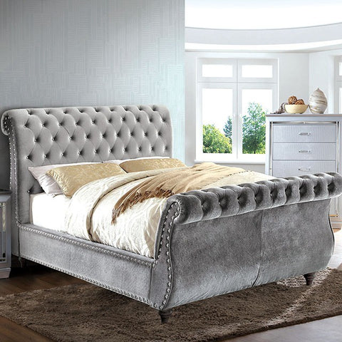 Noella Grey Glam, Velvet-Like Fabric Bed