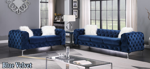 Blue Velvet - Tufted Sofa Set